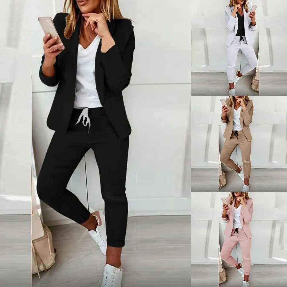 Stylish Suit Set Solid Color Fe Open Stitch Blazer Elastic Waist Trousers Autumn Winter Women Suit Set for BusinessXJ250106