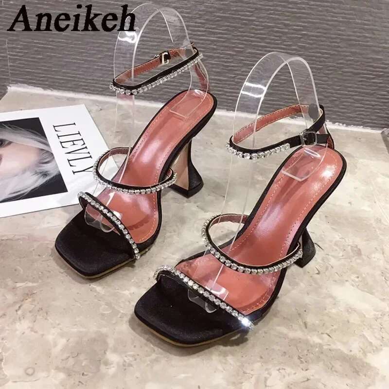 Aneikeh Women's Shiny Rhie High Heels Sandal 2024 Summer Fashion Sexy PU Square Head Kitten Heel Party Dress Shoes 35-41