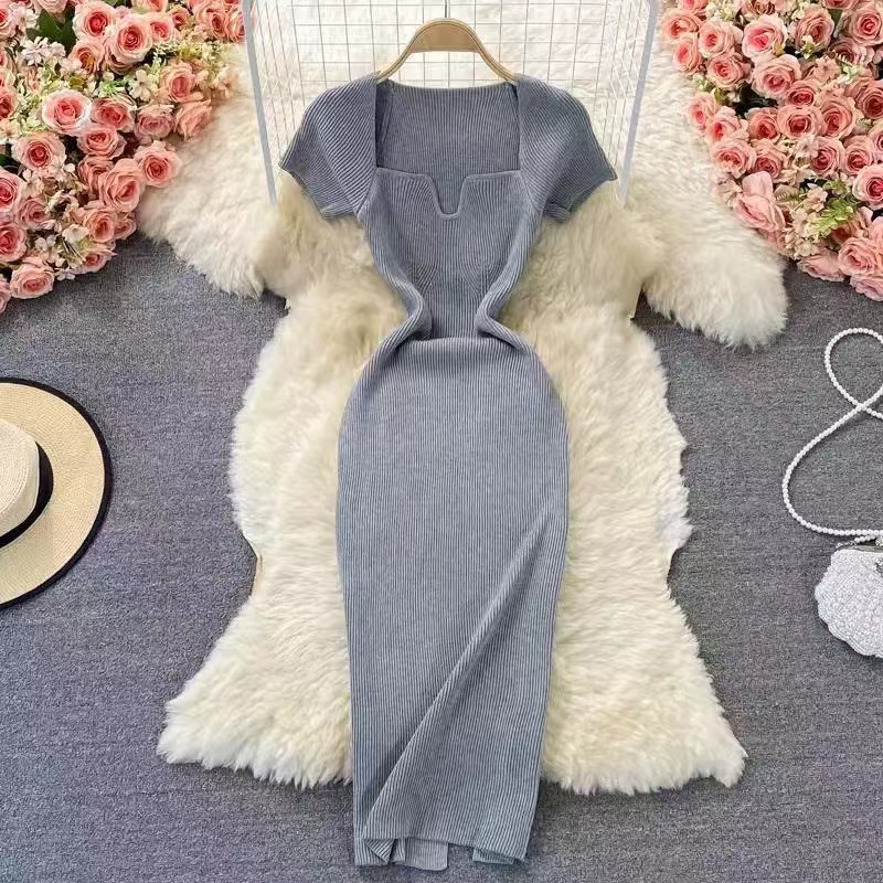 CT721 slim square neck knitted dress short sleeves 2024 summer new style temperament sexy hot girl hip long skirt