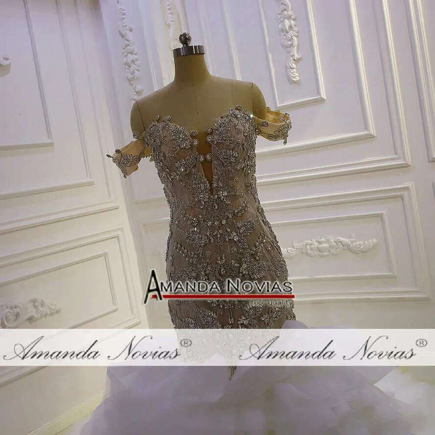 Champagne Full Beading Off The Shoulder V-Neck Ruffles Mermaid Wedding Dress