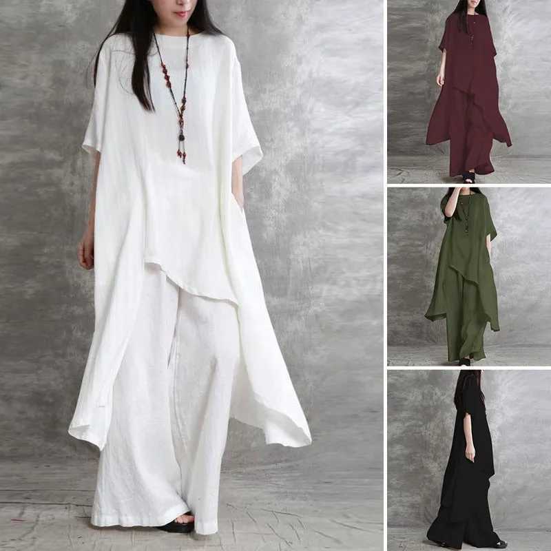 Women Cotton Linen Pant Sets 2 Pieces Casual Half Sve Solid Loose Blouse High Elastic Waist Wide Leg Full Trousers SuitsXJ250106