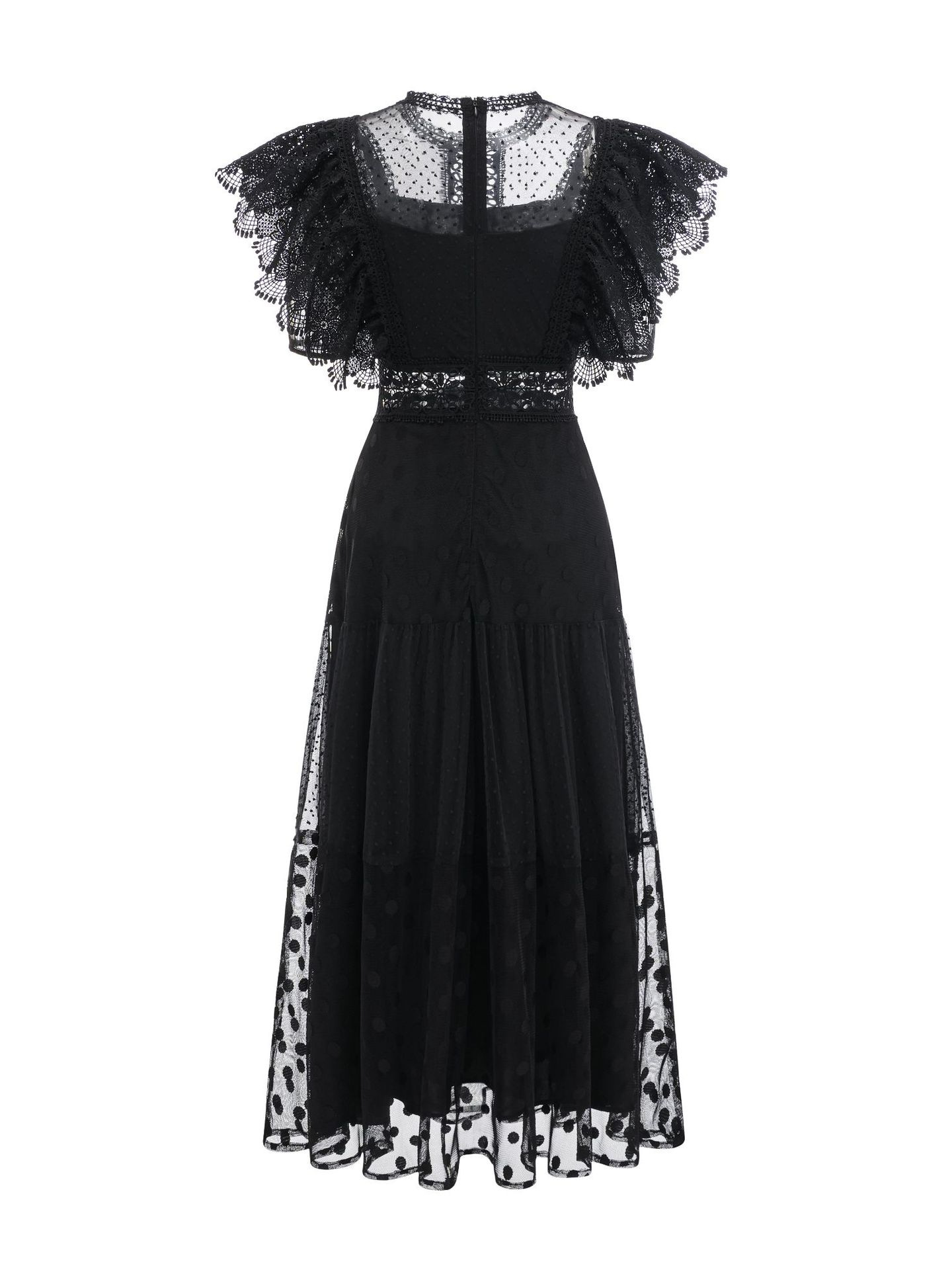 D17140 Commuter temperament round neck flying sleeves long dress waist slimming polka dot skirt
