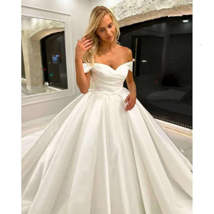 Elegant Modern Plus Size A E Wedding Dresses For Bride Off Shoulder Satin Pleats Draped Backless Court Train Bridal Gowns Custom 0616 0906