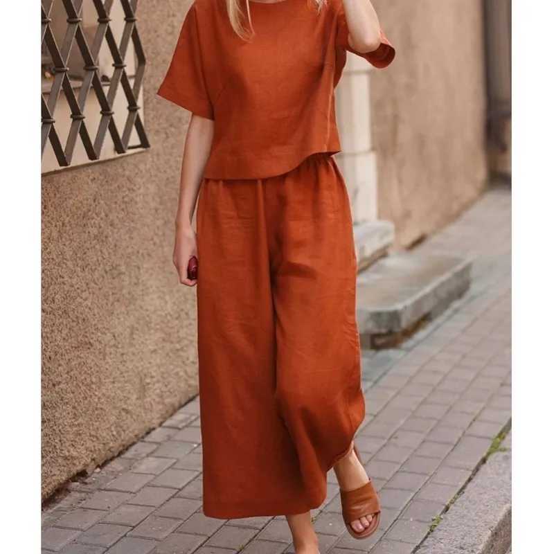 Womens Short Sve Shirt Top Wide Leg Pants Two Piece Set 2024 Fashion Summer Product Casual Hoodie Loose Solid Color LadiesXJ250106