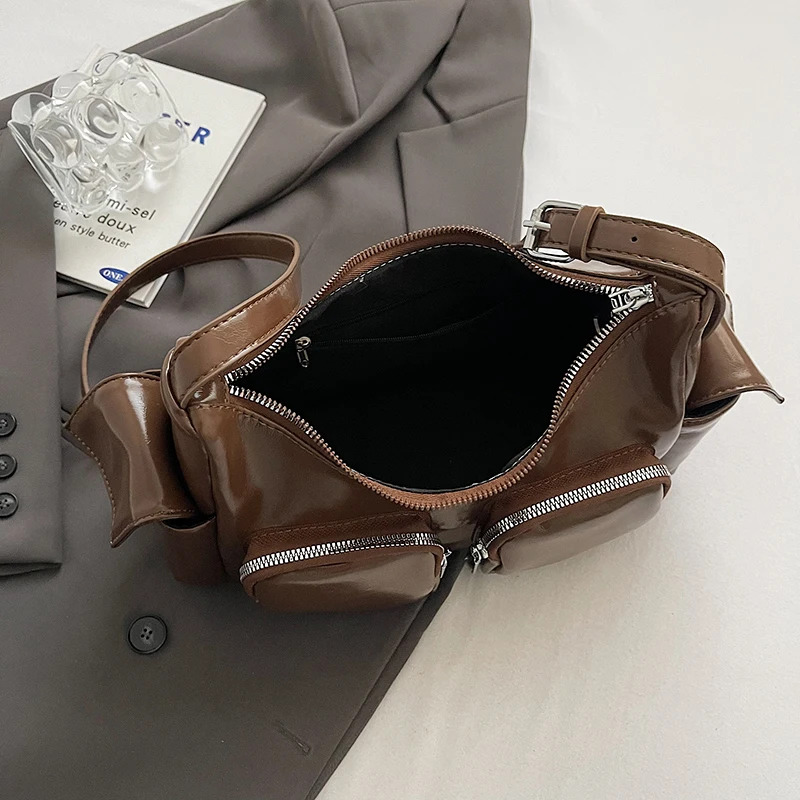 Ddmymarket Double Pockets Design Retro PU Leather Shoulder Bags For Women 2024 Y2K Fashion Trend Crossbody Bag Female Handbags