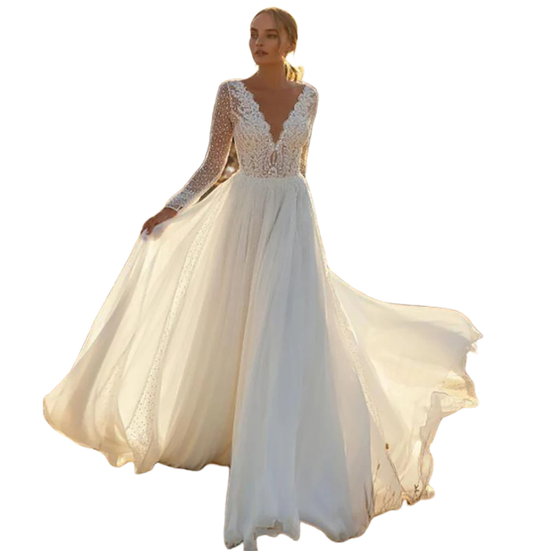 Backless Beach Wedding Dresses Lace Long Sleeves Illusion V-Neck A-Line Ivory Tulle Boho Bridal Gowns Court Train