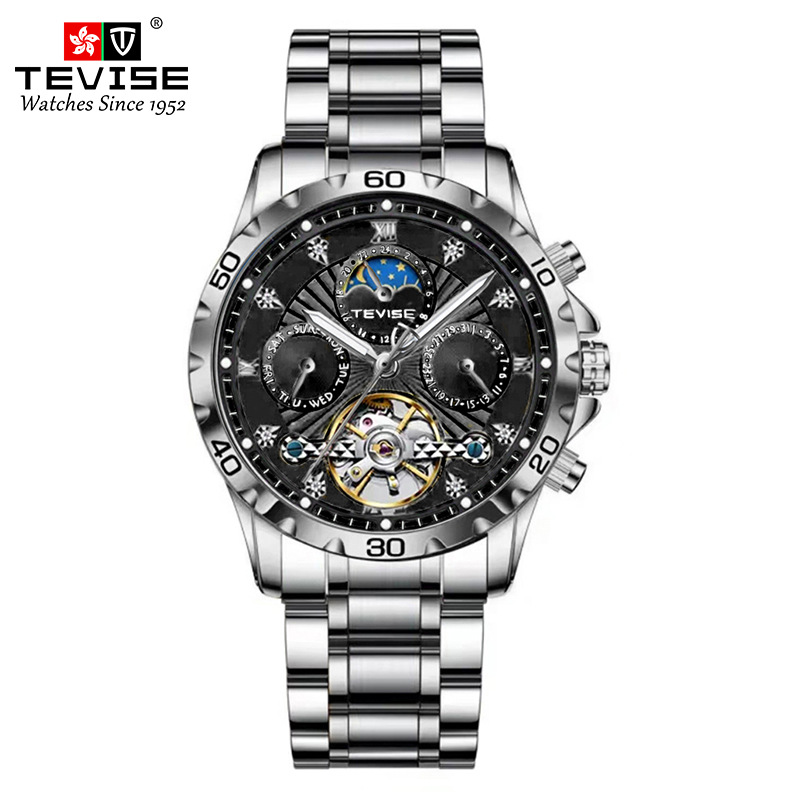 TEVISE Fashion Business Mens Mechanical Watch Waterproof Tourbillon Steel Strap Multifunctional Mens Watch T024-T9009