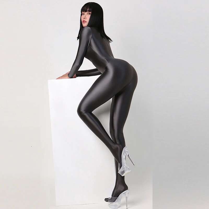 Shiny Satin Sexy Zentai Women Long Sleeve Bodysuit Full Length One-Piece Tights Silky Catsuit Black Jumpsuit Clubwear Streetwear