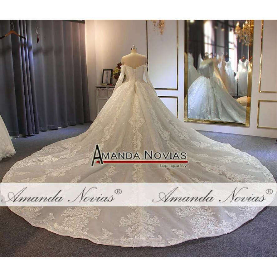 Off The Shoulder Long Sleeves Full Lace Beading Wedding Bridal Gown