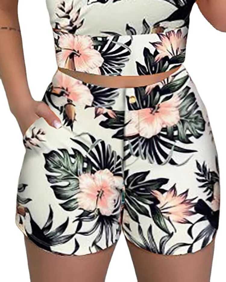 Women 2-piece Outfit Set Fe High Waist Hot Shorts Pants Suit Summer Flower Printed Sveless V-neck Sling Blouse Shorts SetXJ250106