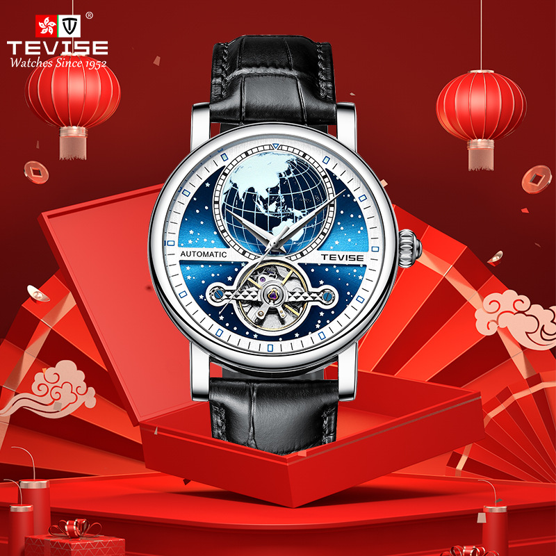 TEVISE 2024 New Style Hollow-out Automatic Mechanical Men's Leather Strap Casual Waterproof Watch T030-T867K