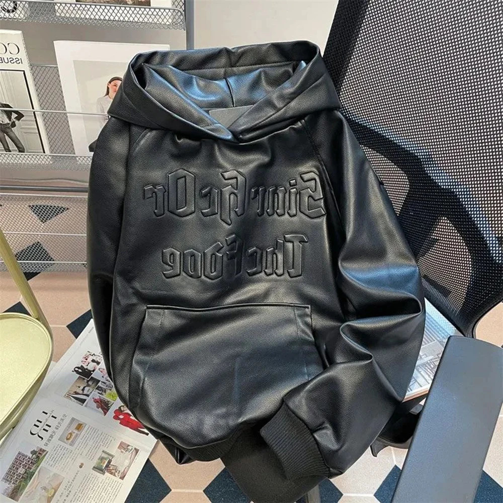 American High Street Pu Leather Motorcycle Clothing Sweatshirt MenS Fashion Trend Heavy Hiphop Hooded Jacket Unisex 250107