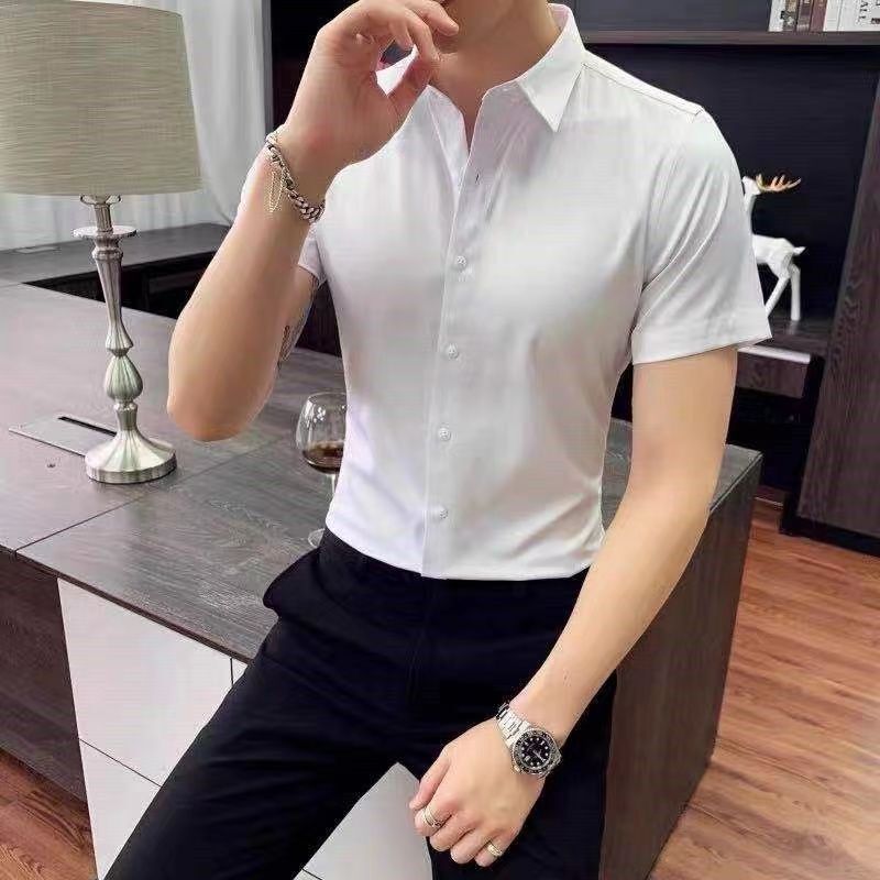 Elastic long sleeved shirt slim fit black shirt business casual professional formal dress work shirt mens