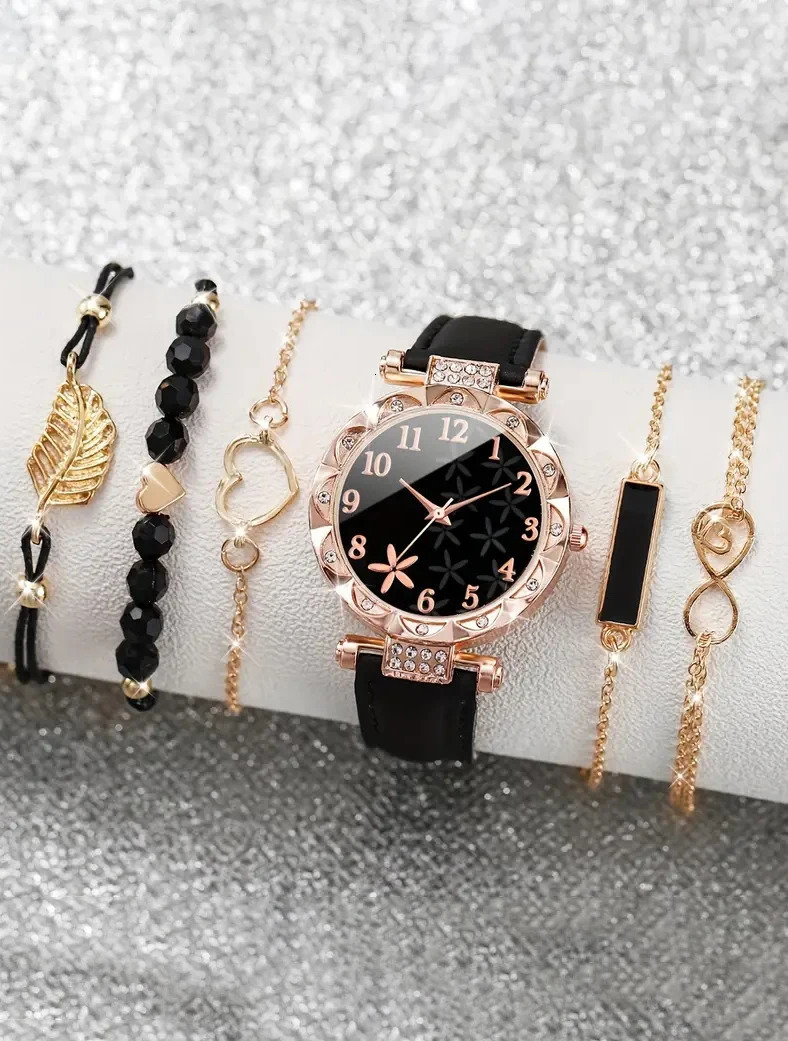 6PCS elegant black leaf plant print ladies quartz watch with feather Love bracelet set selected gift 241228
