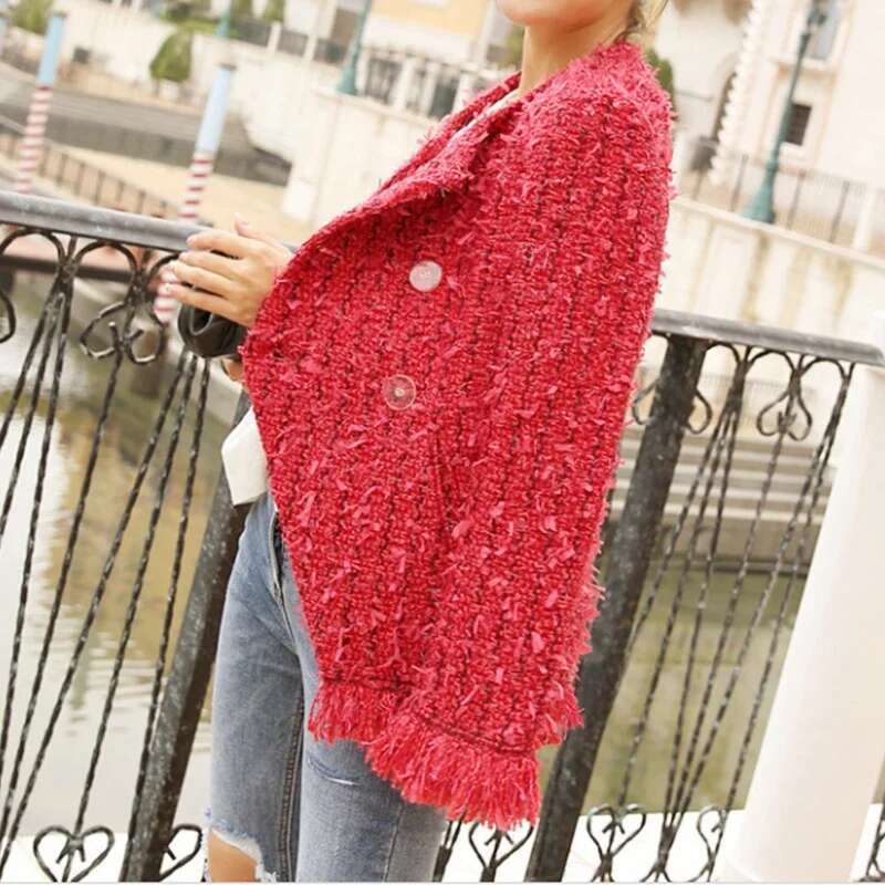 New Women's Spring Red Fringed Tweed Breasted Jacket Female Coat Can Customized Size