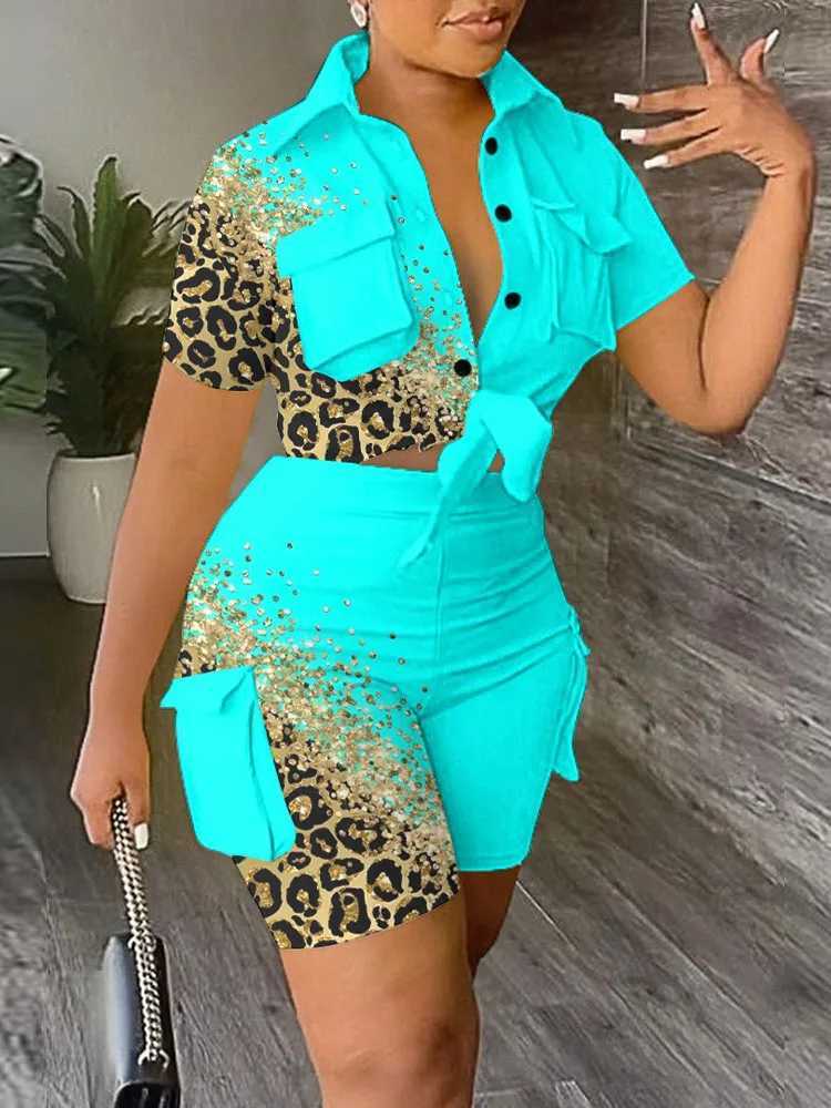 Pant Sets Women Printed Short Sved Shirt 2-piece Suit With Pockets Shoelace Top Shorts Thin Handbag SummerXJ250106
