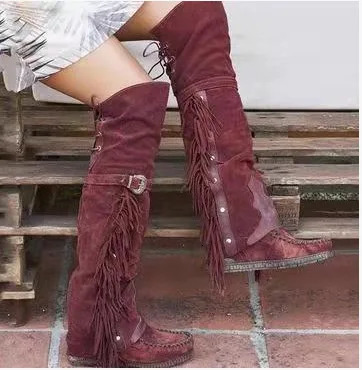 Fashion Bohemian knee length womens boots with ethnic personality high Tassel synthetic suede for girls flat bottomed long Botas unprinted good produc