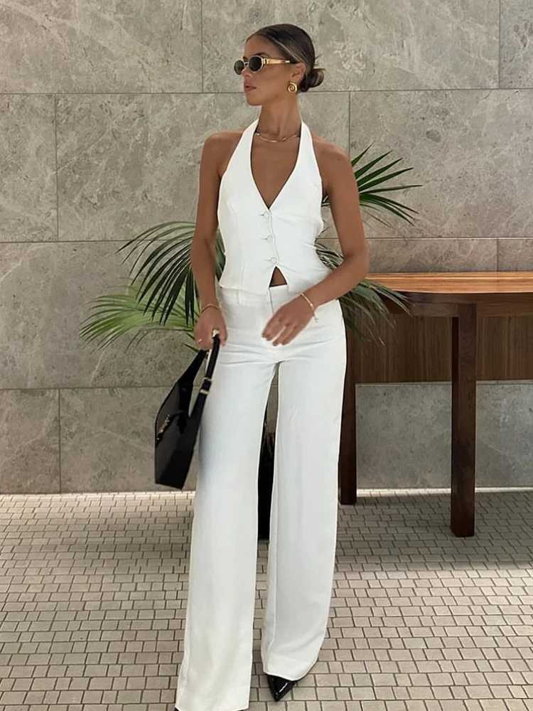 Fashion Suit Long Pants Sets Women Spring Summer V Neck Halter Vest High Waist Wide Leg Pants 2 Pieces Sets Lady Chic StreetwearXJ250106