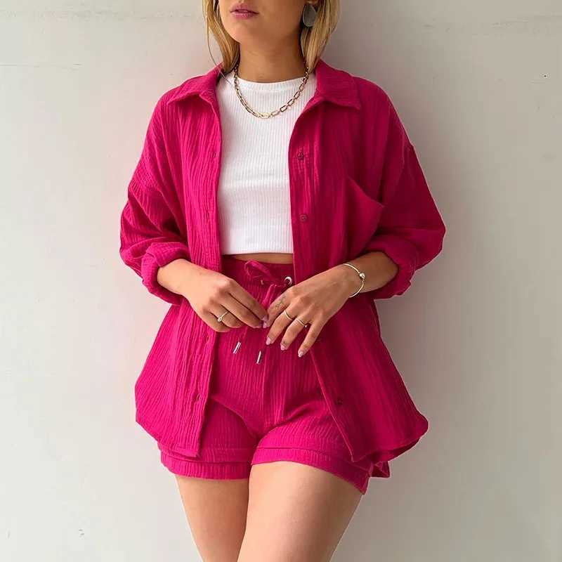 Womens two-piece orange pleated collar long Sved shirt high waisted Drstring shorts fashionable casual setXJ250414