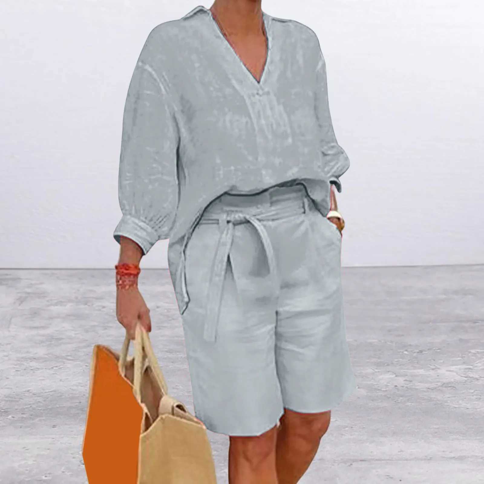 2023 Fashion Half Sve V-Neck Shirt Casual Loose Two Piece Set For Women Straight Pocket Belt Pants Summer Cotton Linen SuitXJ250106