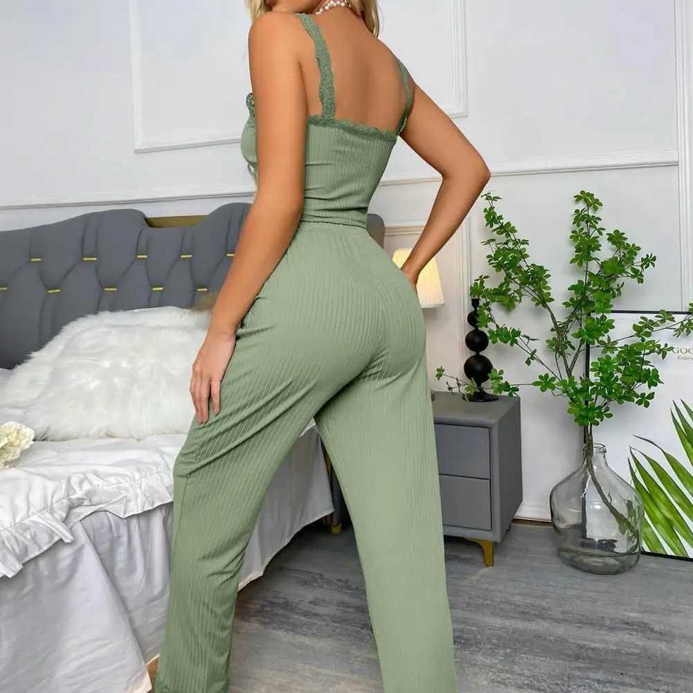 2Pcs/Set Women Pajama Set Ele Lace Trimmed Top Pants Spwear Set with Shirred Drstring Waist Tank Top LoungewearXJ250106