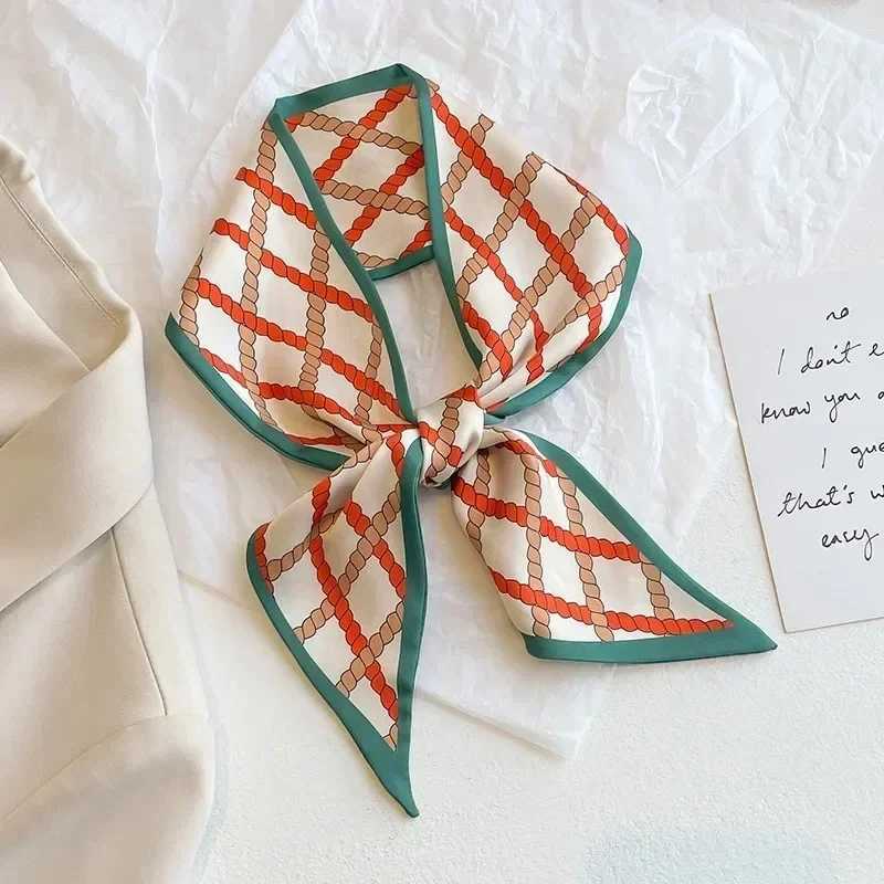 Silk long scarf womens leopard flamingo print luxury hair clip narrow scarf small collar summer headband womens ribbon W250107