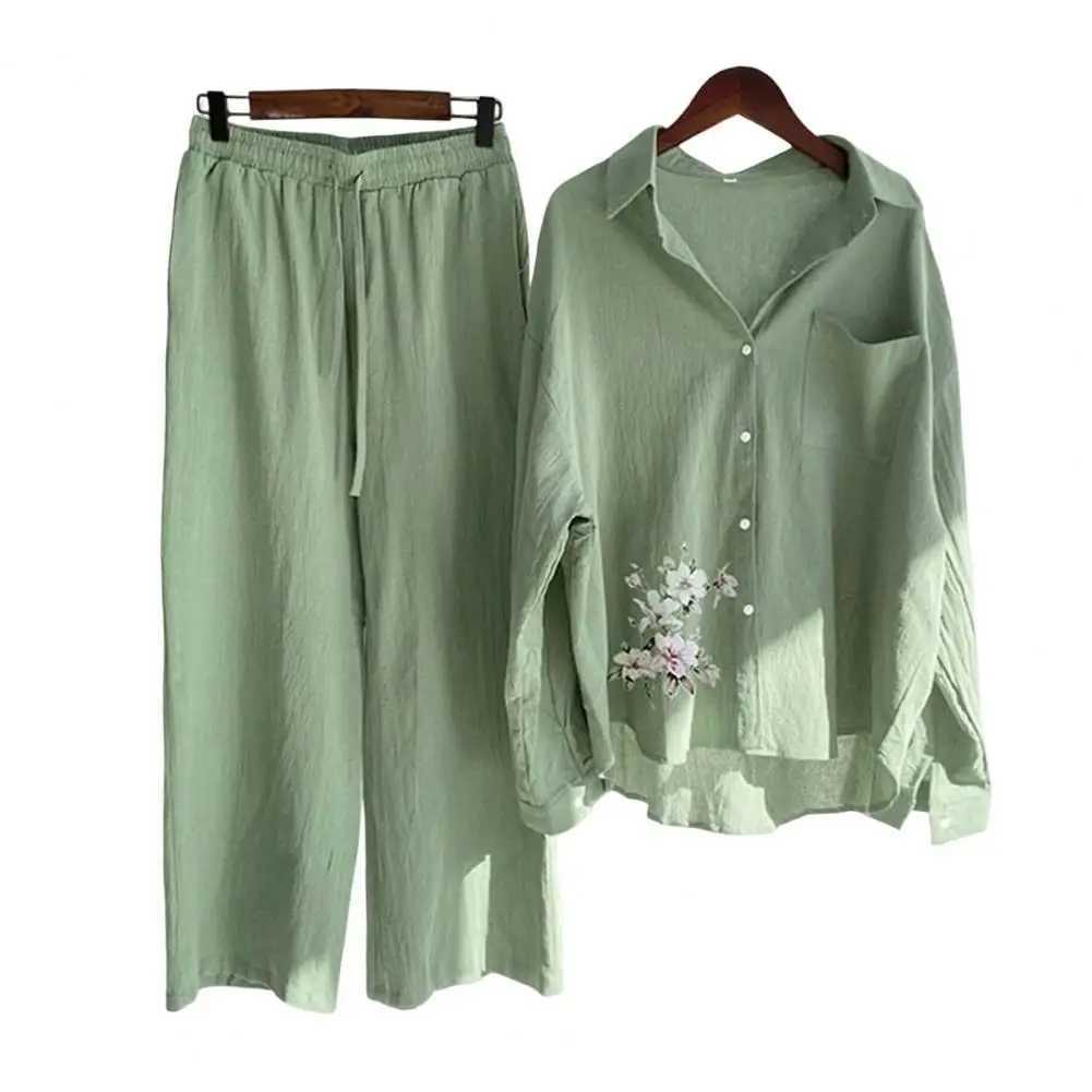 Sprind Summer Cotton Linen Womens 2 Piece Sets Outfits Printed Ele Casual Plus Size Matching Set Womens Suit Blouse PantsXJ250106