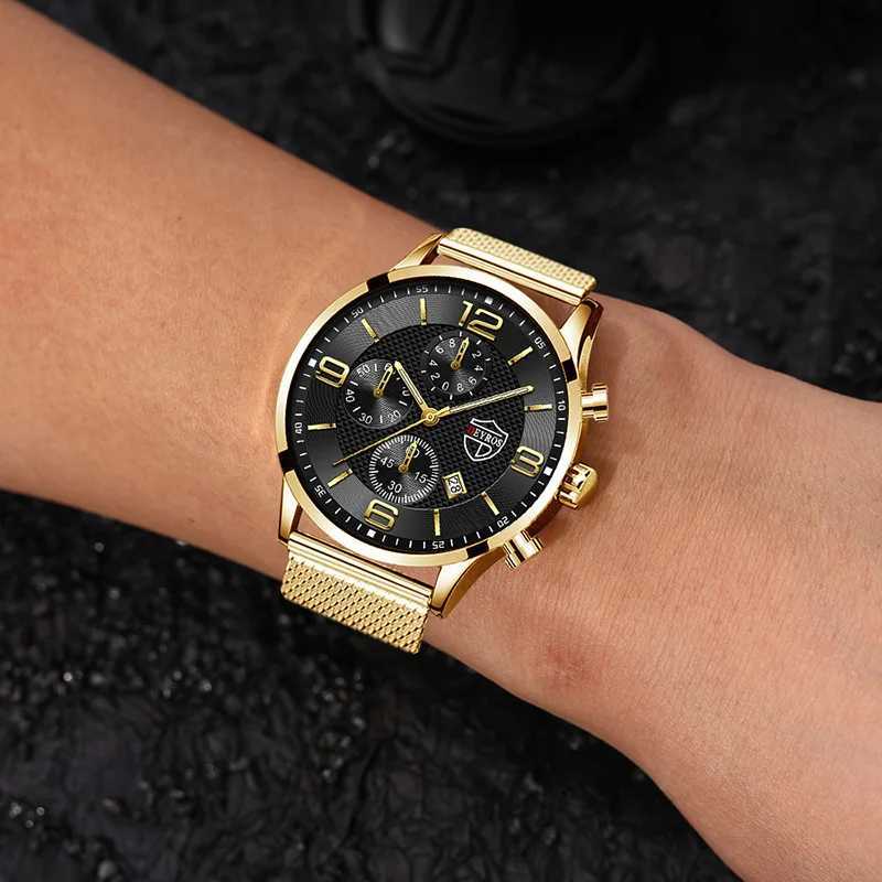 2pcs Fashion Mens Gold Stainless Steel Watches Luxury Quartz Wrist Watch Men Business Casual Calendar Watch Men Necklace SetsX250107