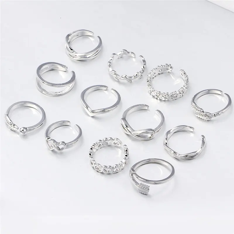 12PCS Beach Foot Jewelry Adjustable Toe Rings for Women Flower Band Open Tail Ring Women Set Gold Color 250107
