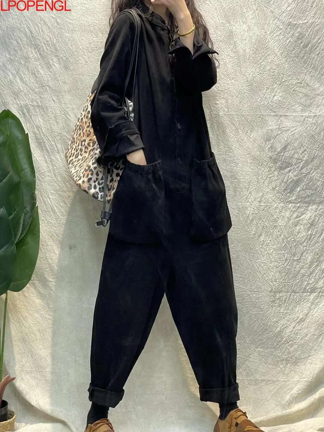 New Women's Solid Color Spring Long Sleeves Jumpsuit Personalized Fashion Pullover Straight Streetwear Pockets One Piece Pants