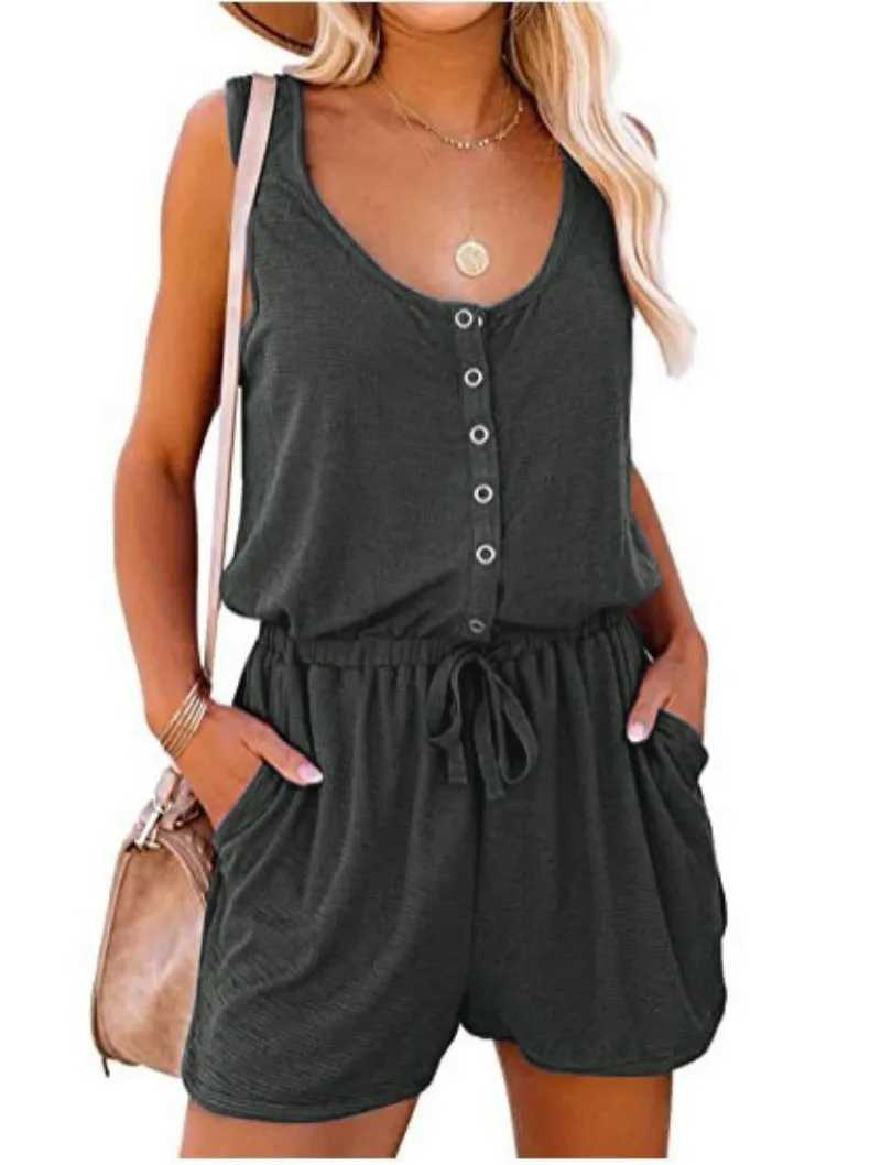 European and American womens summer cross-border new sveless jumpsuit waist casual loose wide leg shortsXJ250106