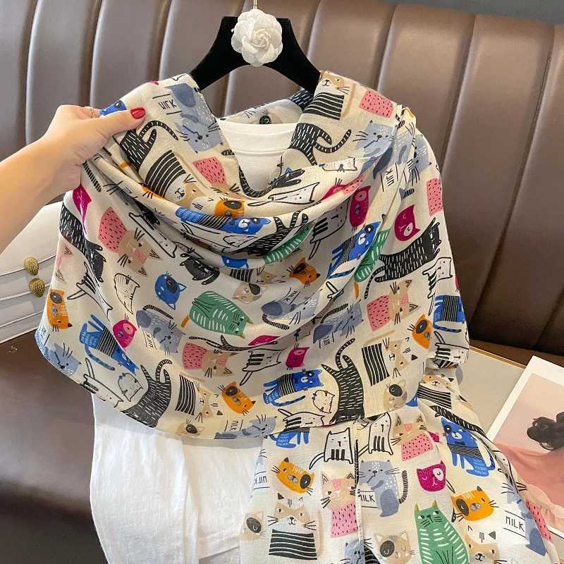 Cute animals cartoon cute cat pattern edge adhesive scarf for women and girls printing soft shawl and wrapping Pashmina Muslim headscarf Sjaal W250107