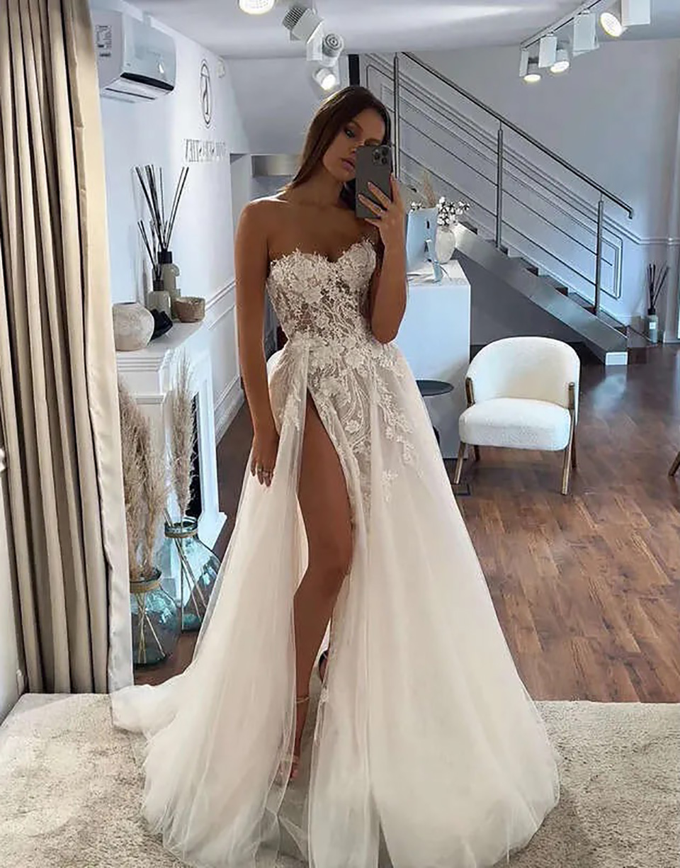 Elegant Applique Lace Wedding Dress with Sweep Train & Thigh-Slit - Premium Bridal Gown Design