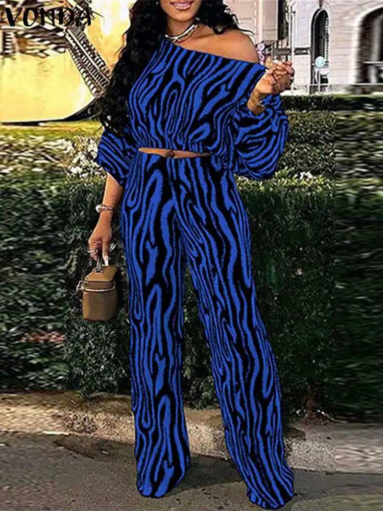 VONDA Autumn Pant Sets 2024 Bohemian Zebra-stripe Printed 2PCS Long Sve Skew Collar Sexy Top and High Waist Pants Casual SetsXJ250106