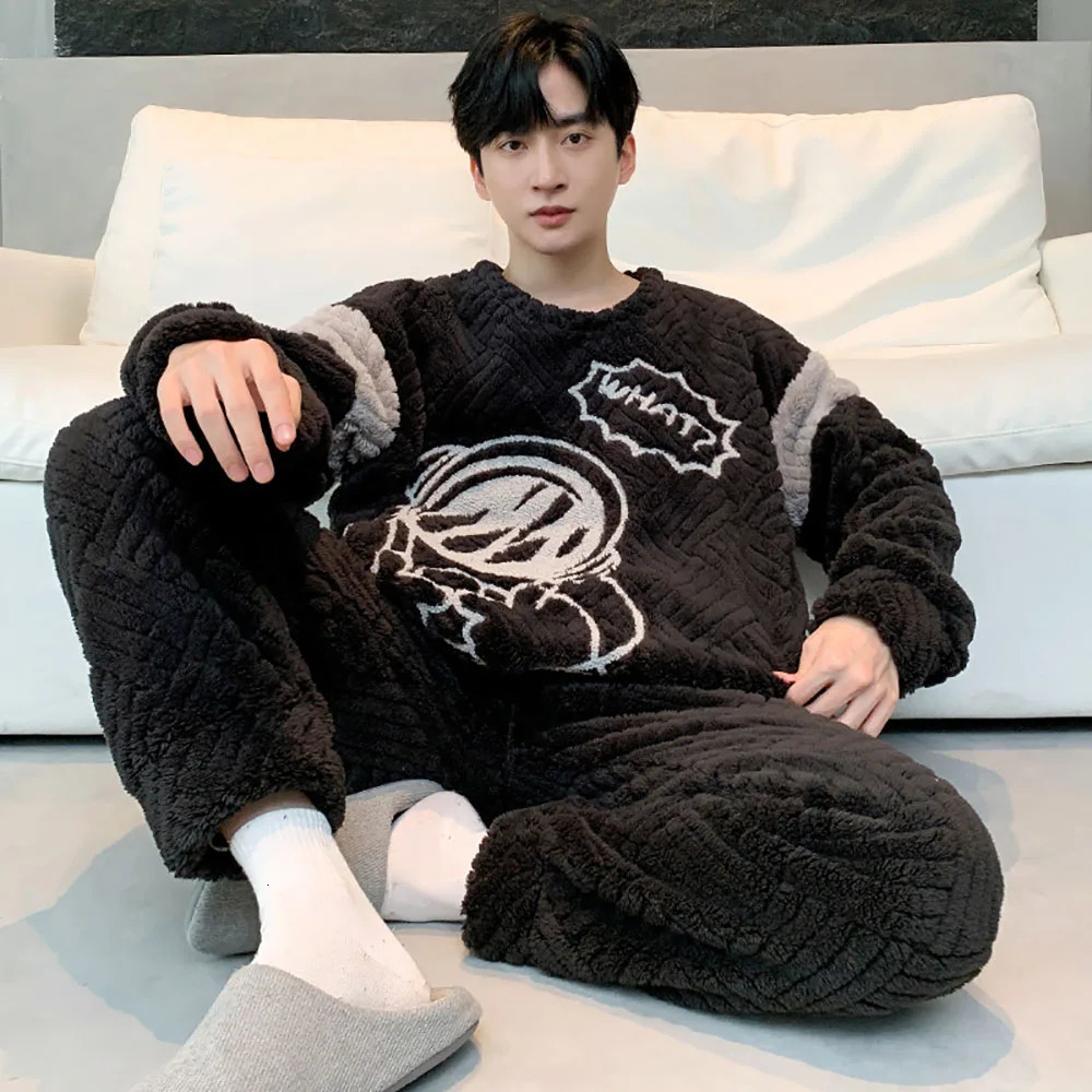 5XL Big Size Mens Winter Pajamas Set Thicken Flannel Warm Cartoon Bear Plush Sleepwear Comfortable O Neck Pajama for Sleeping 250103