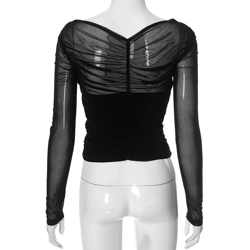 2025 Spring Chic Cross Neck Crop Tops Women Casual Solid Color Mesh See Through Sexy Pleated Long Sleeve Elegant T-Shirt 250106