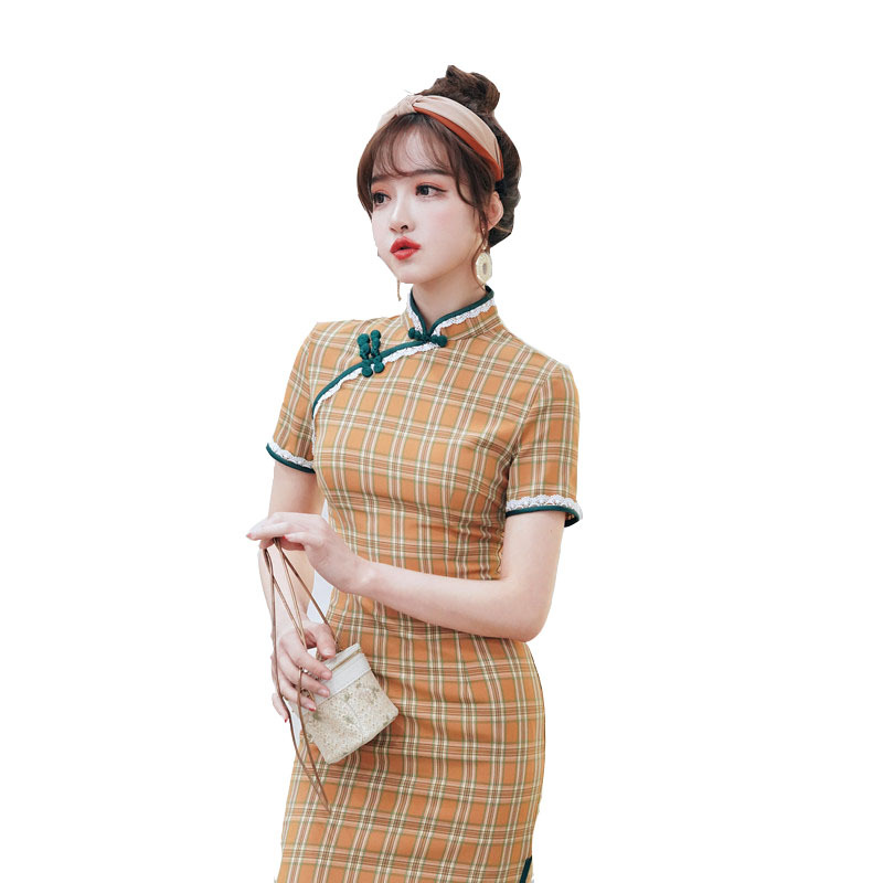 DC7115 Spring and summer new yellow checkered cotton and linen mid-length cheongsam daily fashion slim girl cheongsam dress
