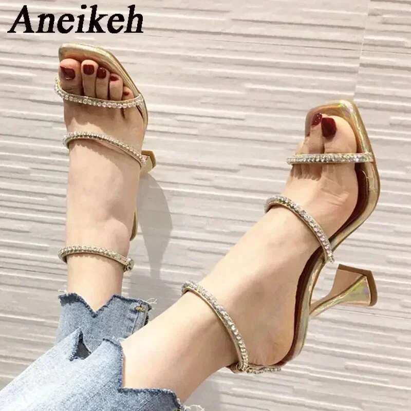 Aneikeh Women's Shiny Rhie High Heels Sandal 2024 Summer Fashion Sexy PU Square Head Kitten Heel Party Dress Shoes 35-41