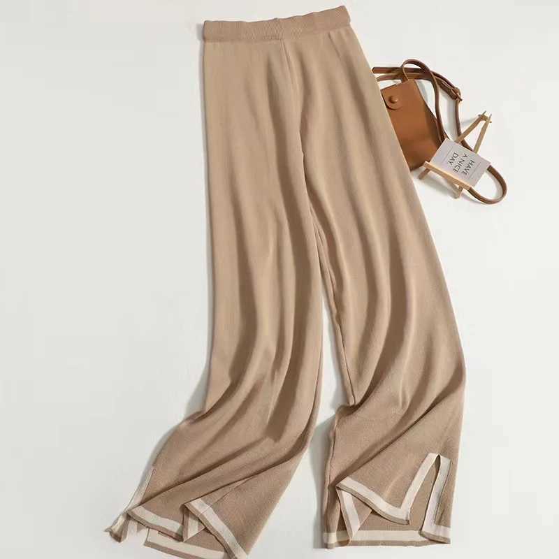 Women Two Piece Set Knit Sweater Suit Short Sve Round Neck Tops Loose Wide Leg Pants Solid Splice Midi Waist CasualXJ250106