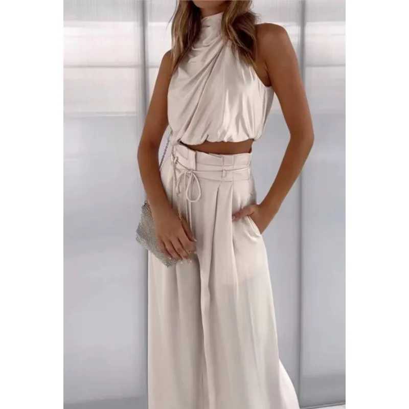 Womens Two Piece Pants Sets Open Navel Outfit Silk Pleated Texture Sveless Top Wide Leg Pants Set Summer Matching Sets 2024XJ250106