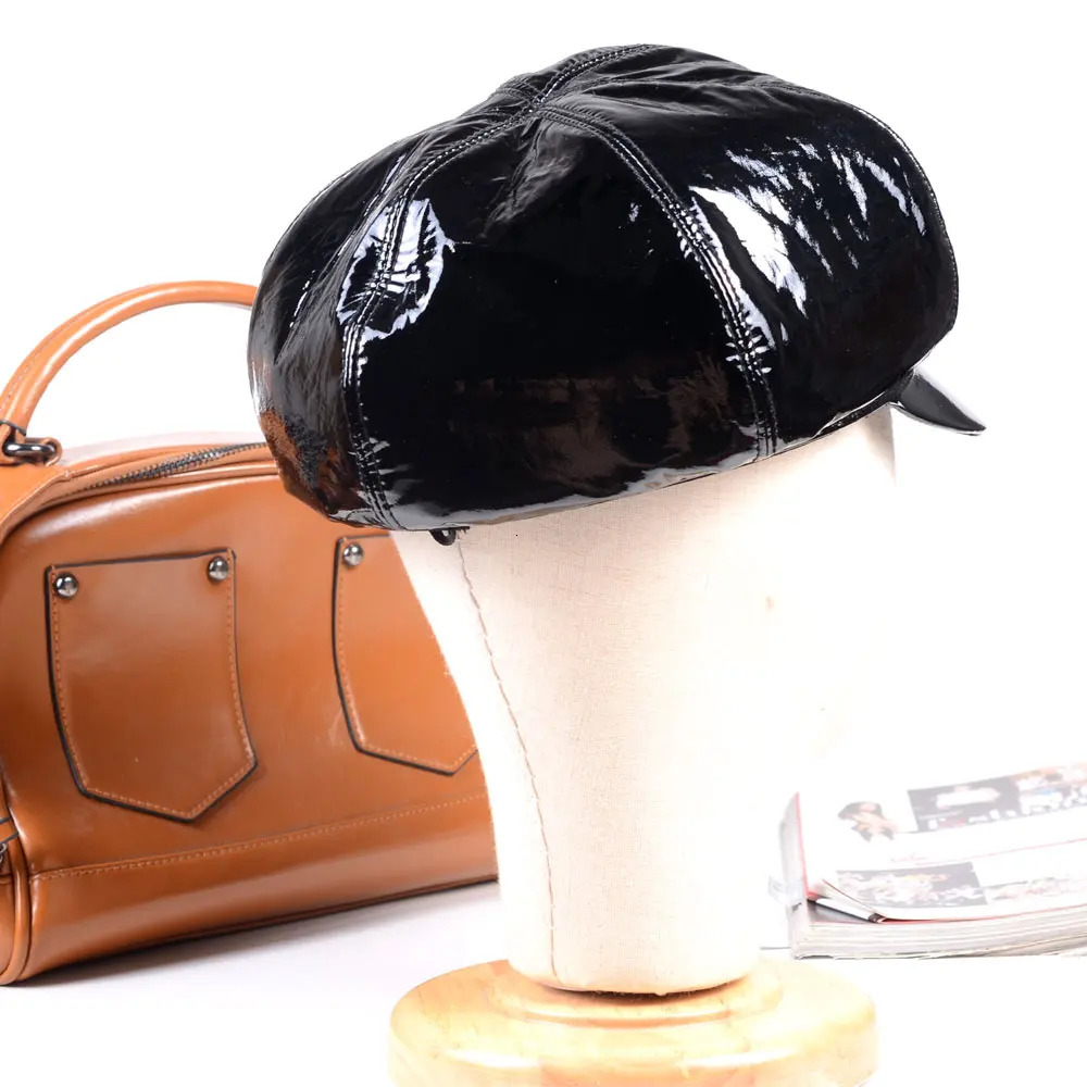 Mens Womens Ladies Real leather Shiny Black Patent Leather Fashion Beret Sailor cap Punk sboy Caps/Hats 250107