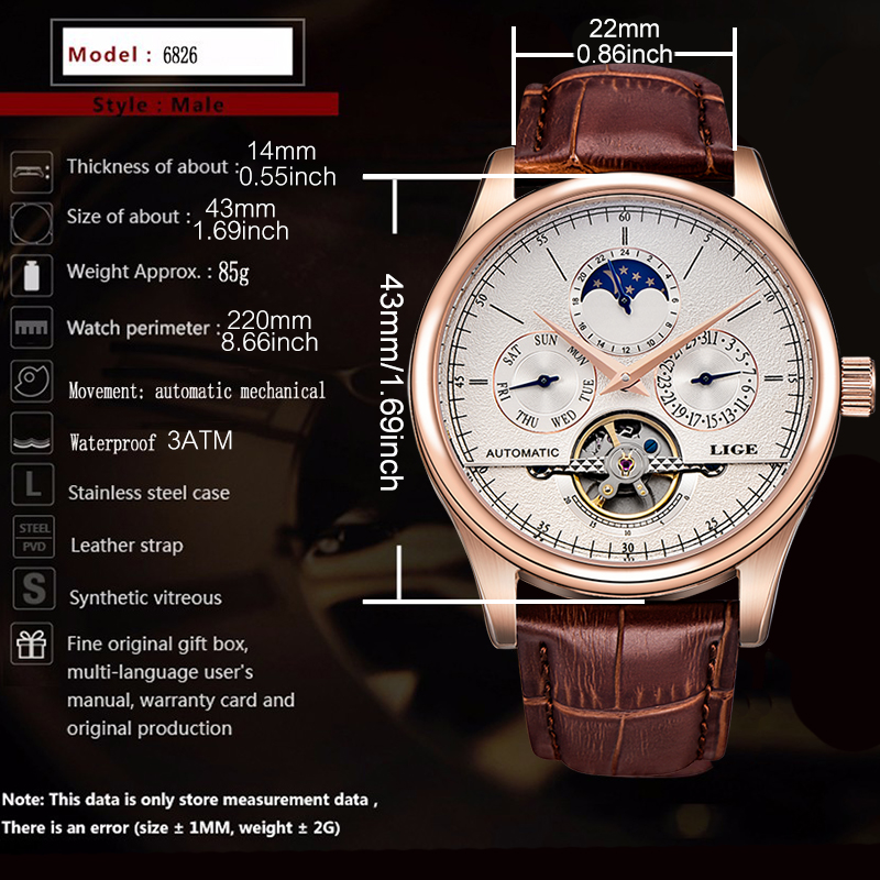 LIGE Men's Mechanical Watch Multi-function mechanical movement Calendar Week Moon Phase hour hand indicator high-quality butterfly buckle belt