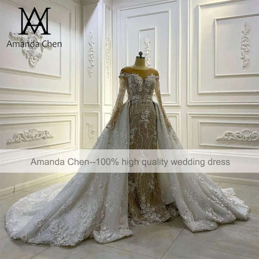Long Novias Sleeve Lace Applique Pearls D Wers Detachable Skirt Wedding Dress