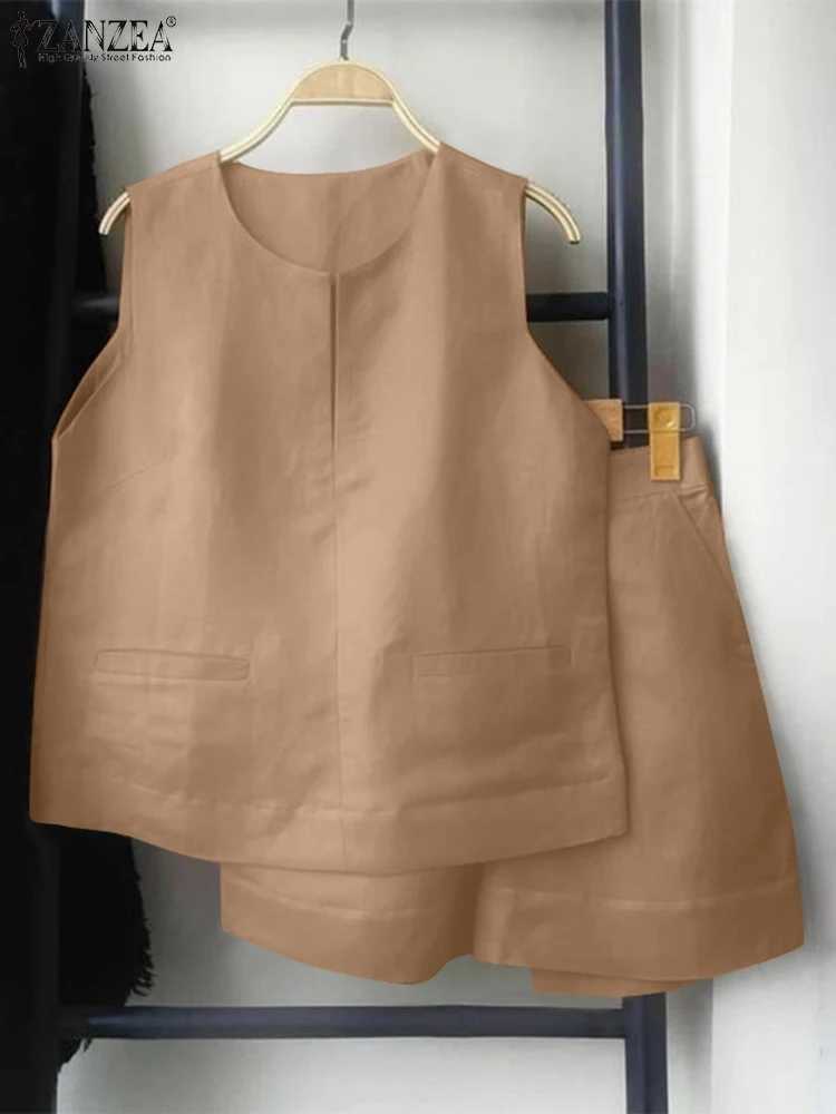 Summer Womens Suit ZANZEA Fashion Tracksuit 2pcs Short Sets Casual Loose Sveless Tank and Shorts Sexy Pocket Matching SuitsXJ250106