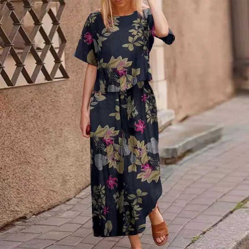 Summer Suit For Women Retro Printed Round Neck Cotton Linen Short-sved Casual Trousers Wide-leg Pants Two-piece SetXJ250106