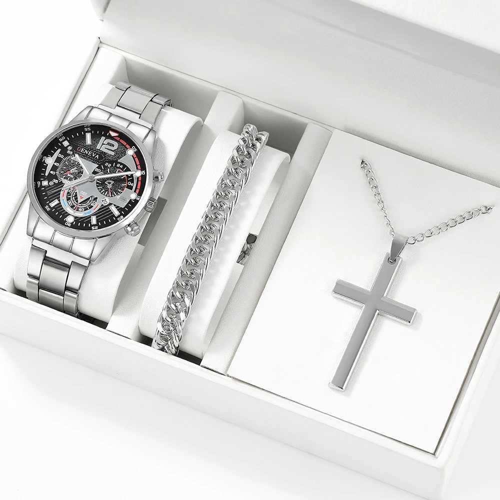 3pcs/set Mens Calendar Stainless Steel Quartz Watch Necklace Bracelet Set Ideal Choice for GiftsX250107