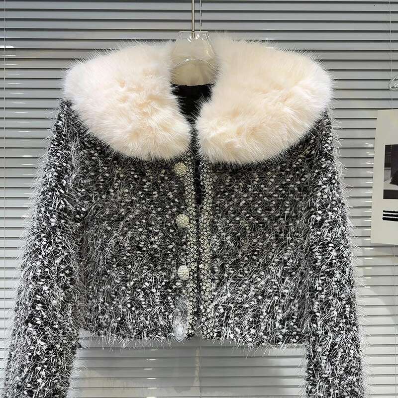DEAT 2024 Winter New Item Fashion Fur Collar Dia Edge Tweed Short Jacket For Women High Street Coat Female Trend 11A01716