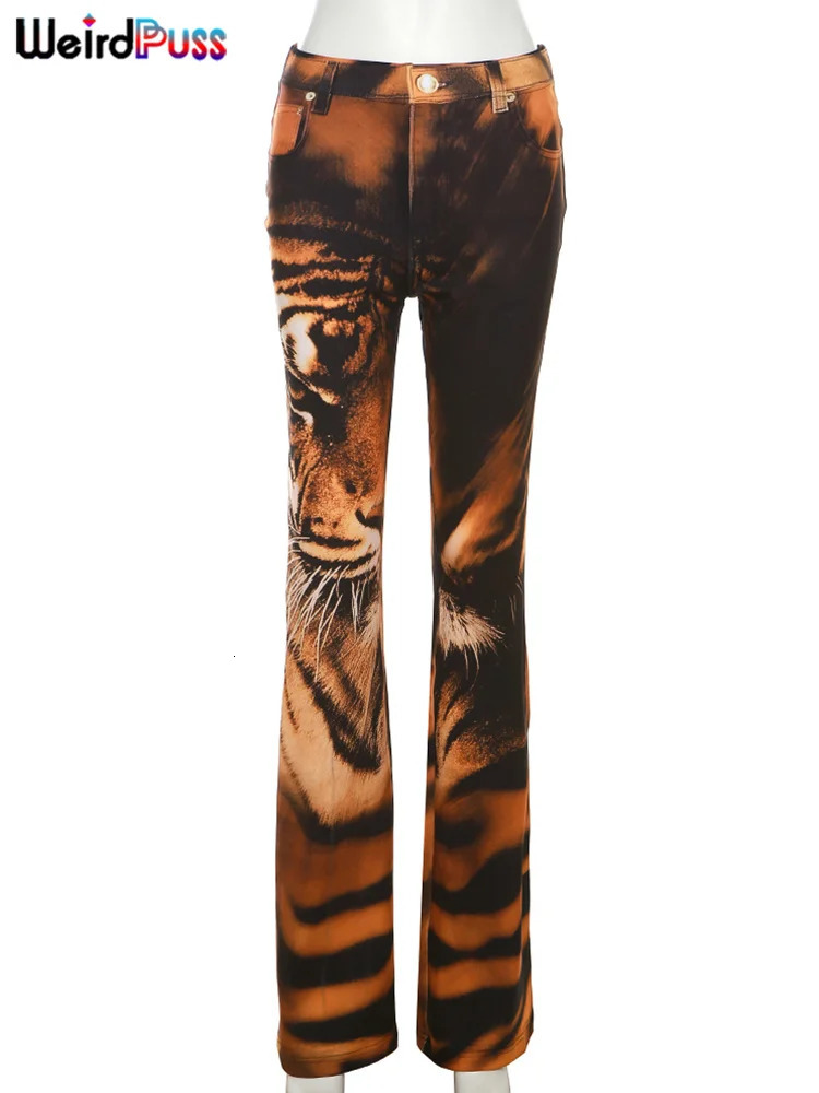 Weird Puss Tiger Print Flare Pants Women Y2K Summer Trend Skinny Elastic Wild Casual Streetwear Basic High Waist Trousers 250106