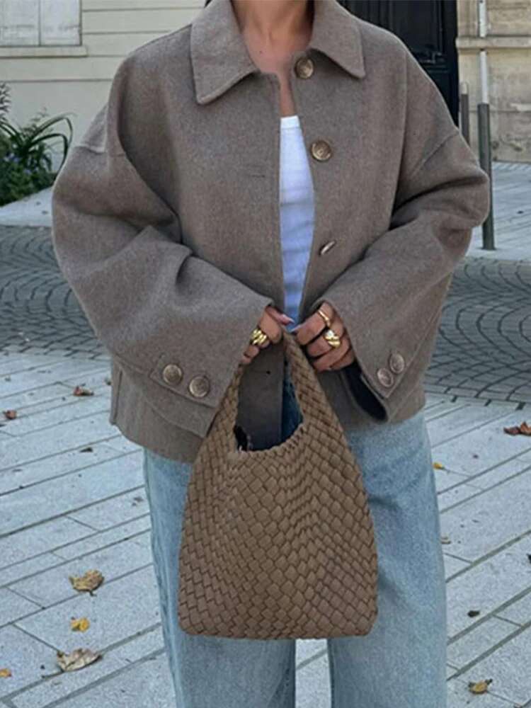 Fashion Lapel Wool Blends Jackets Woman Solid Long Sleeve Single Breasted Quilted Female Coat 2024 New Autumn Street Outerwears