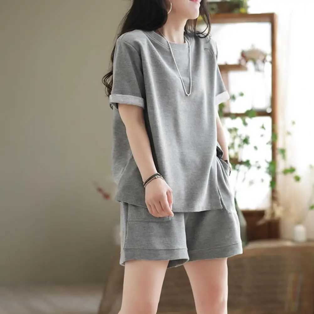Casual Shorts Set Simple Style Sweat Absorption Lint Free Pocket Dress-up Polyester Women Summer Shirt Shorts Suit StreetwearXJ250106